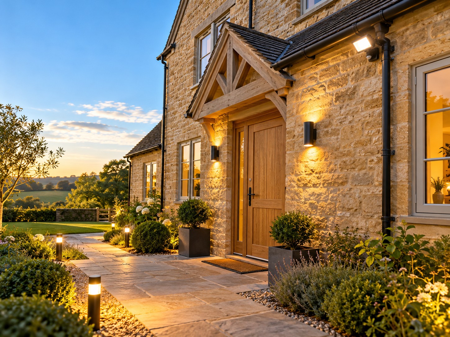 Outdoor and security lighting on a stone house