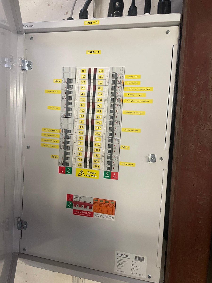 Neatly labelled three-phase distribution board